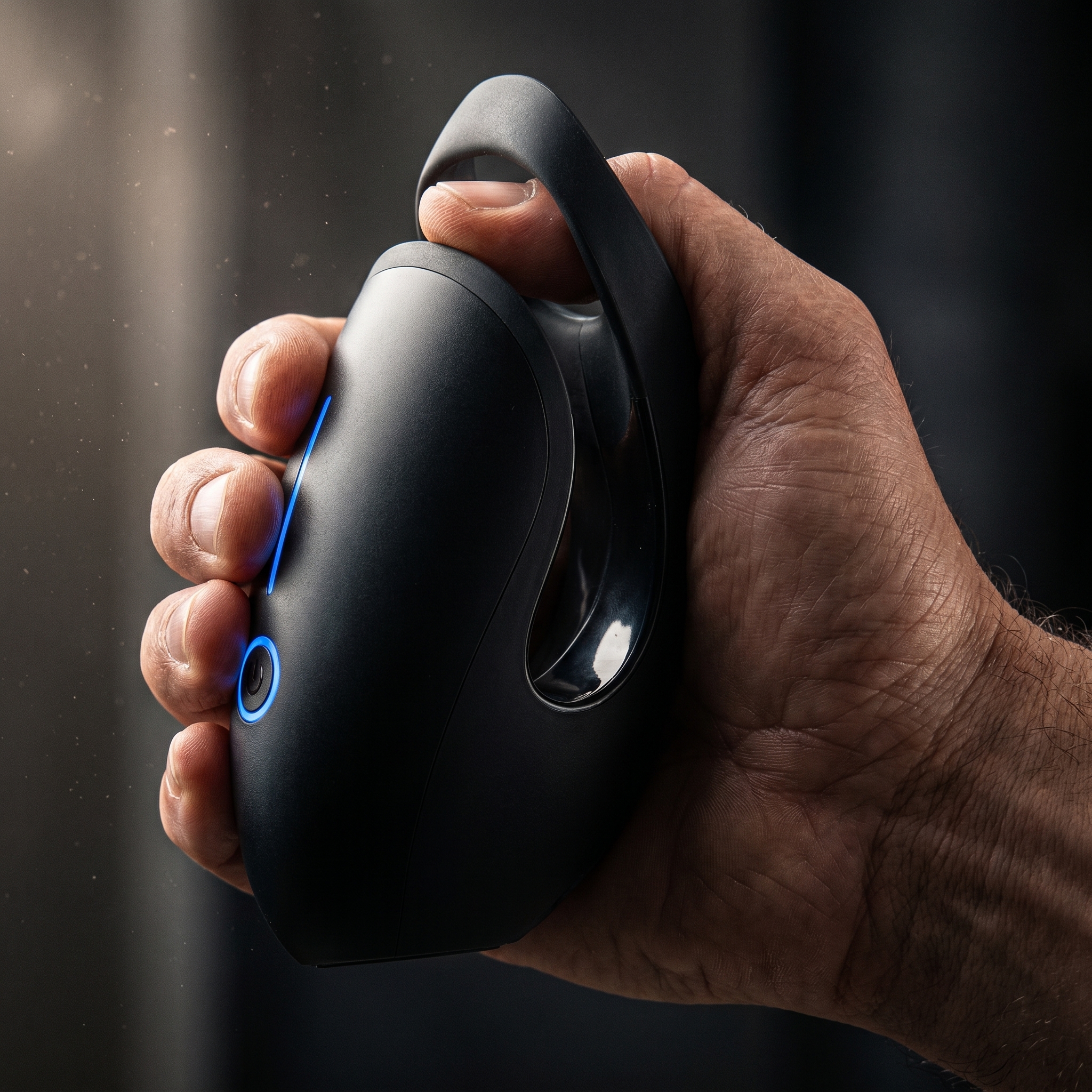 Midnight black ergonomic whale-shaped male stamina training stroker with discreet tech aesthetic for wholesale B2B distribution
