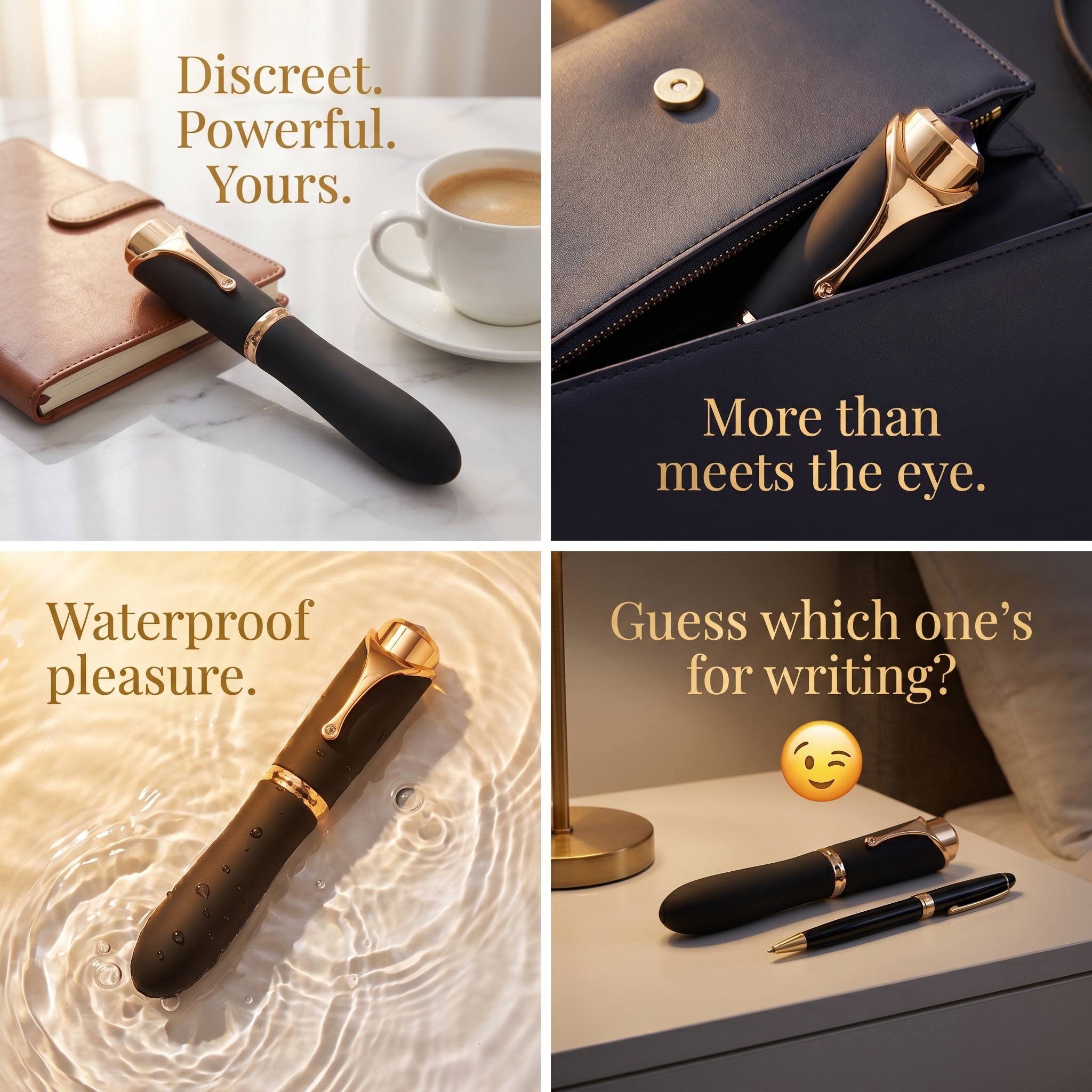 Matte black fountain-pen-shaped G-spot wand massager with gold clip accent for wholesale B2B distribution